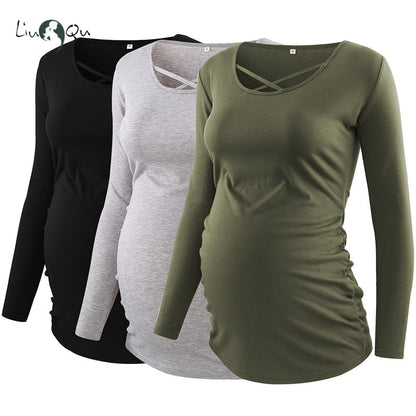 xakxx Women's Maternity Long Sleeve Pregnant Blouses Tops Flattering Side Ruching Maternity Clothes Pregnancy T-Shirt