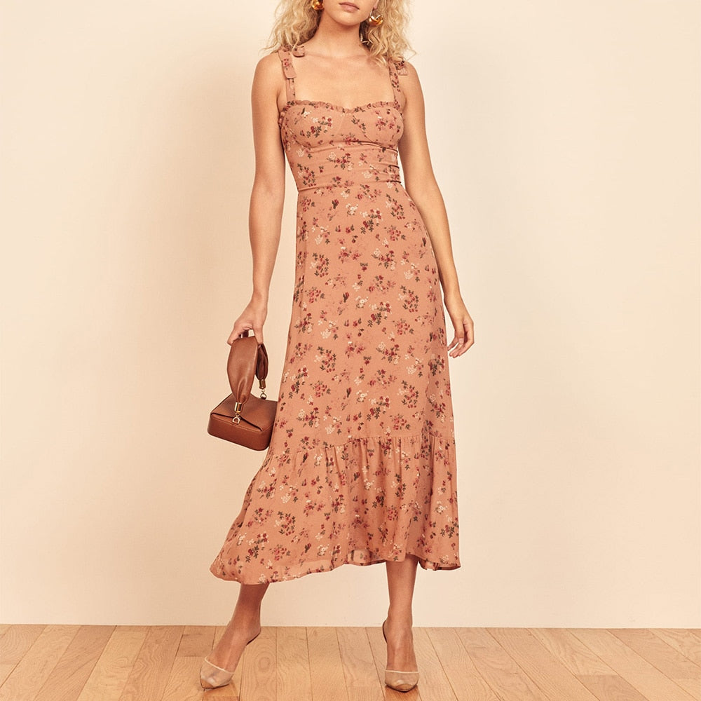 xakxx Dresses For Women Party Elegant Ruffle Hem Beach Summer Dress Sweetheart Neck Tie Strap Tropical Print Chiffon Midi Dress