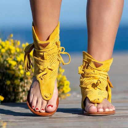 xakxx Women Retro Clip Toe Sandals Ladies Gladiator Vintage Boots Casual Tassel Rome Summer Beach Woman Shoes Female New