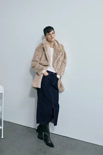xakxx Women Faux Fur Long Coat Autumn Winter Plush Warm Soft Outerwear Elegant Slim-Fit Lapel Overcoat Casual Button Jacket
