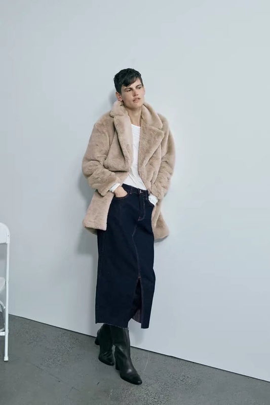 xakxx Women Faux Fur Long Coat Autumn Winter Plush Warm Soft Outerwear Elegant Slim-Fit Lapel Overcoat Casual Button Jacket