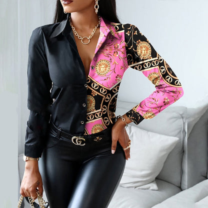 xakxx Women Fashion Shirt Lady Long Sleeve Blouse Turn-Down Collarbutton Design Print  Casual Shirts