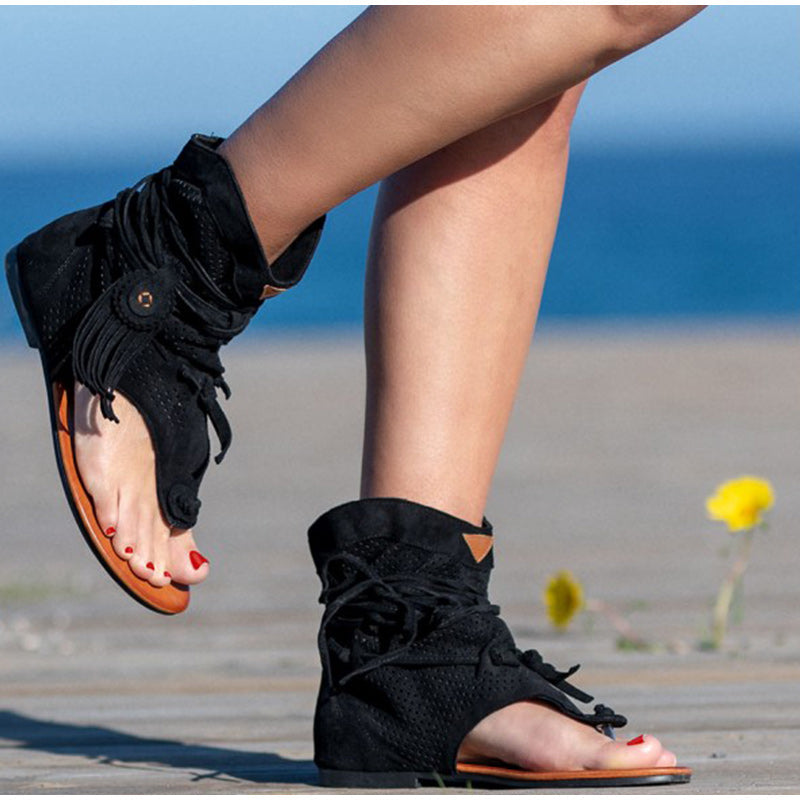 xakxx Women Retro Clip Toe Sandals Ladies Gladiator Vintage Boots Casual Tassel Rome Summer Beach Woman Shoes Female New