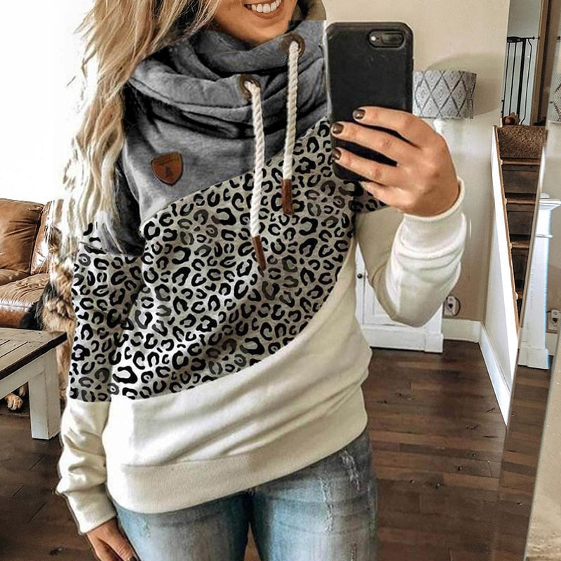 xakxx Winter Leopard Print Sweatshirts Women Casual Turtleneck Long Sleeve Hoodies Fashion Drawstring Patchwork Female Pullovers Tops