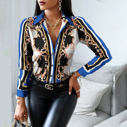 xakxx Women Fashion Shirt Lady Long Sleeve Blouse Turn-Down Collarbutton Design Print  Casual Shirts