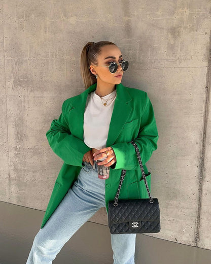 xakxx Women Fashion Loose Blazer Mujer Double Pockets Single Breasted Chic Suit Jacket Ladies Green Streetwear Outerwear