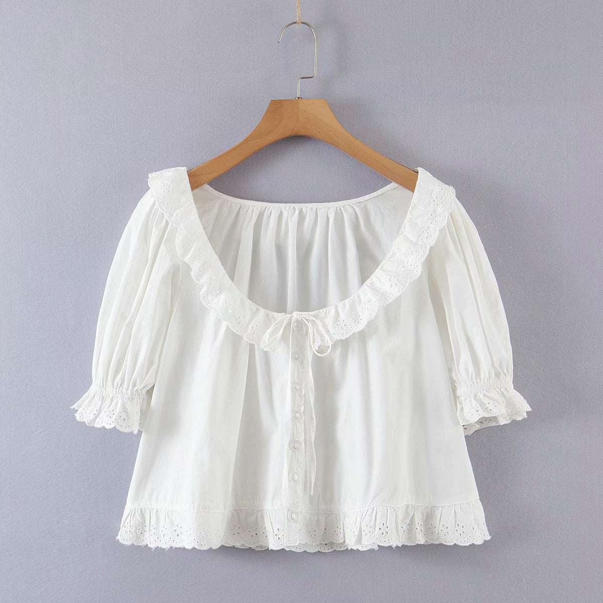 xakxx Ruffles Trim V-Neck Women's Blouse Cotton Embroidery Hollow Out Lace-Up Ladies Short Puff Sleeve Sweet Shirt And Top  Summer