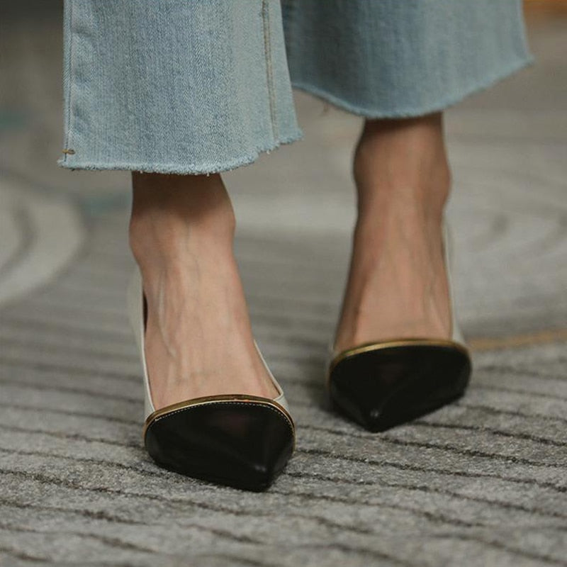 xakxx Autumn Women High Heels Pointed Toe Ladies Pumps Shoes Patchwork PU Leather Elegant Stiletto Women's Shoes