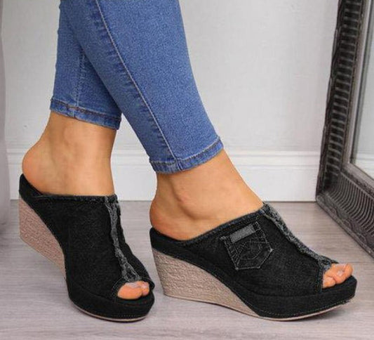 xakxx Women Sandals New Female Shoes Woman Summer Wedge Comfortable Ladies Slip-on Flat Sandalias Denim Platform Wedges   High Heel