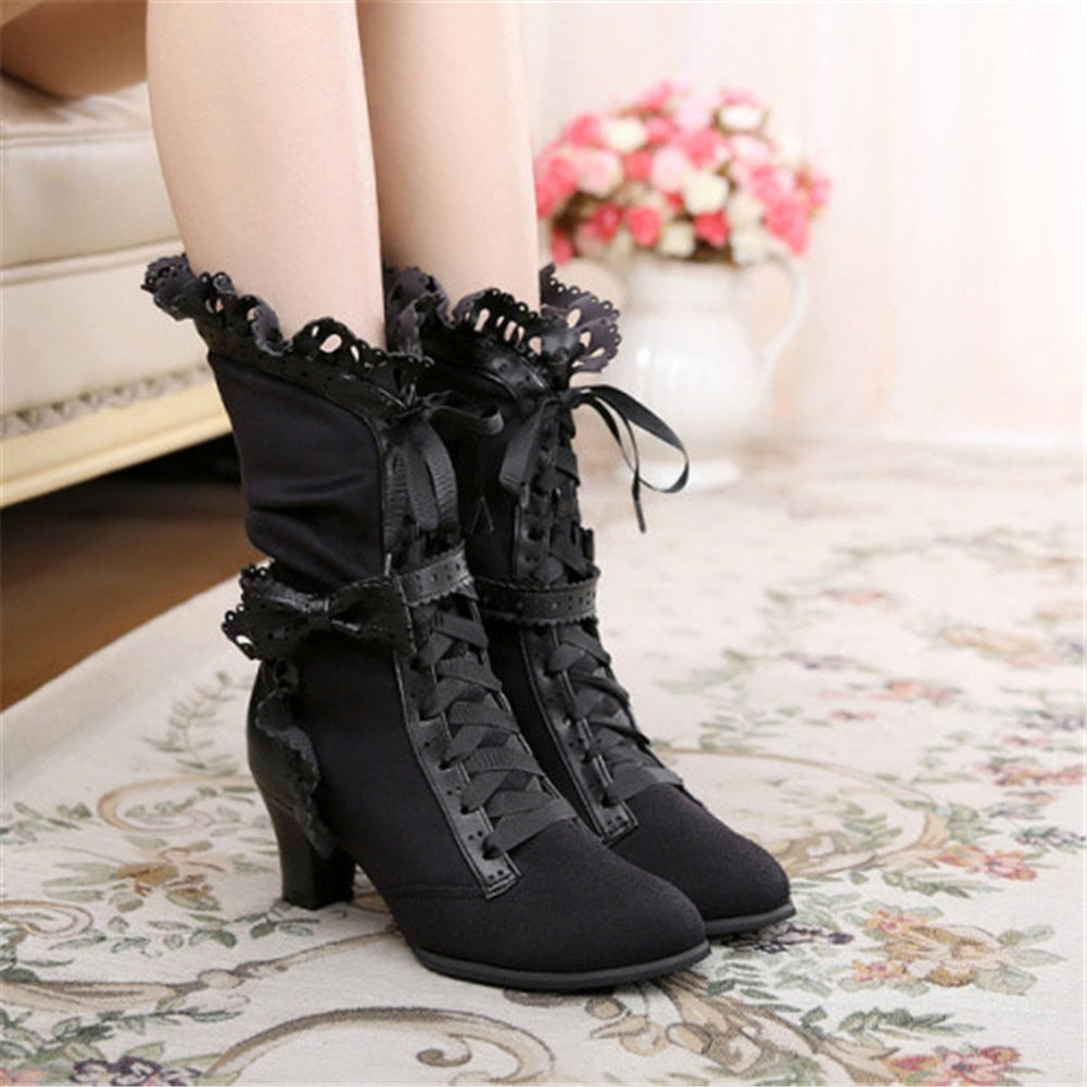 xakxx Halloween Brand New Big Size 43 Sweet Bowknot Ruffles Med Heels Shoelace Gothic Lolita Style Mid Calf Boots Women Shoes