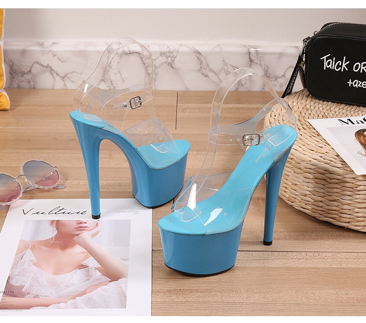 xakxx Walking Show Stripper Heels Clear Shoes Woman Platforms High Heels Sandals Women Sexy Big Yard Fish Mouth Shoes  New Crystal