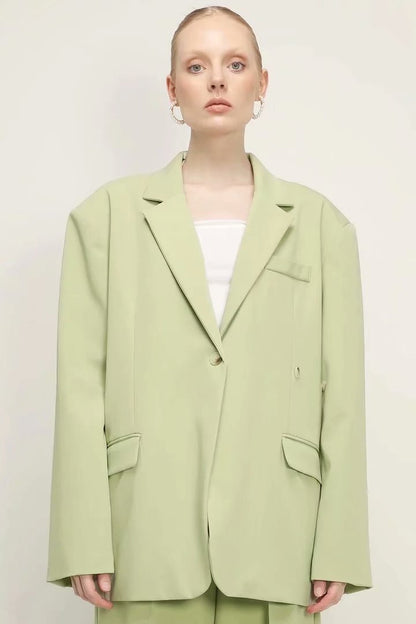 xakxx Women's Autumn Fashion Grass Green Blazer Ladies Chic Buttoned Top Retro Long Sleeve Lapel Casual Jacket
