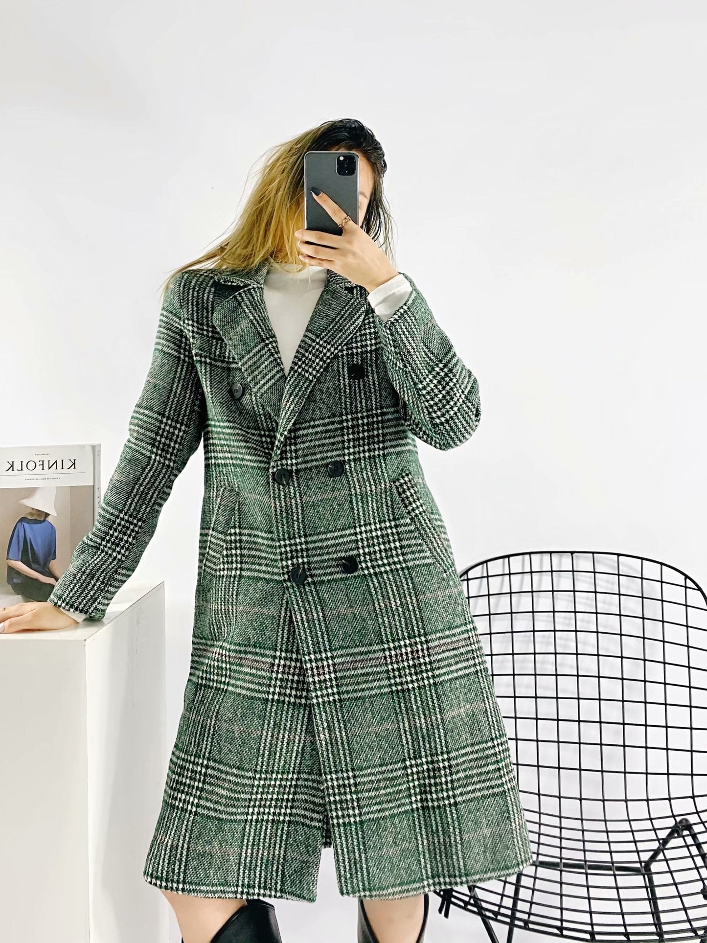 xakxx Women  Fashion Houndstooth Wool Coat Vintage Long Sleeve Autumn Long Double Breasted Jacket Female Outerwear Tops