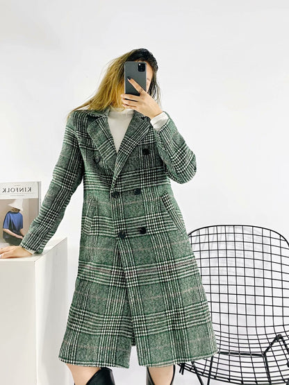 xakxx Women  Fashion Houndstooth Wool Coat Vintage Long Sleeve Autumn Long Double Breasted Jacket Female Outerwear Tops