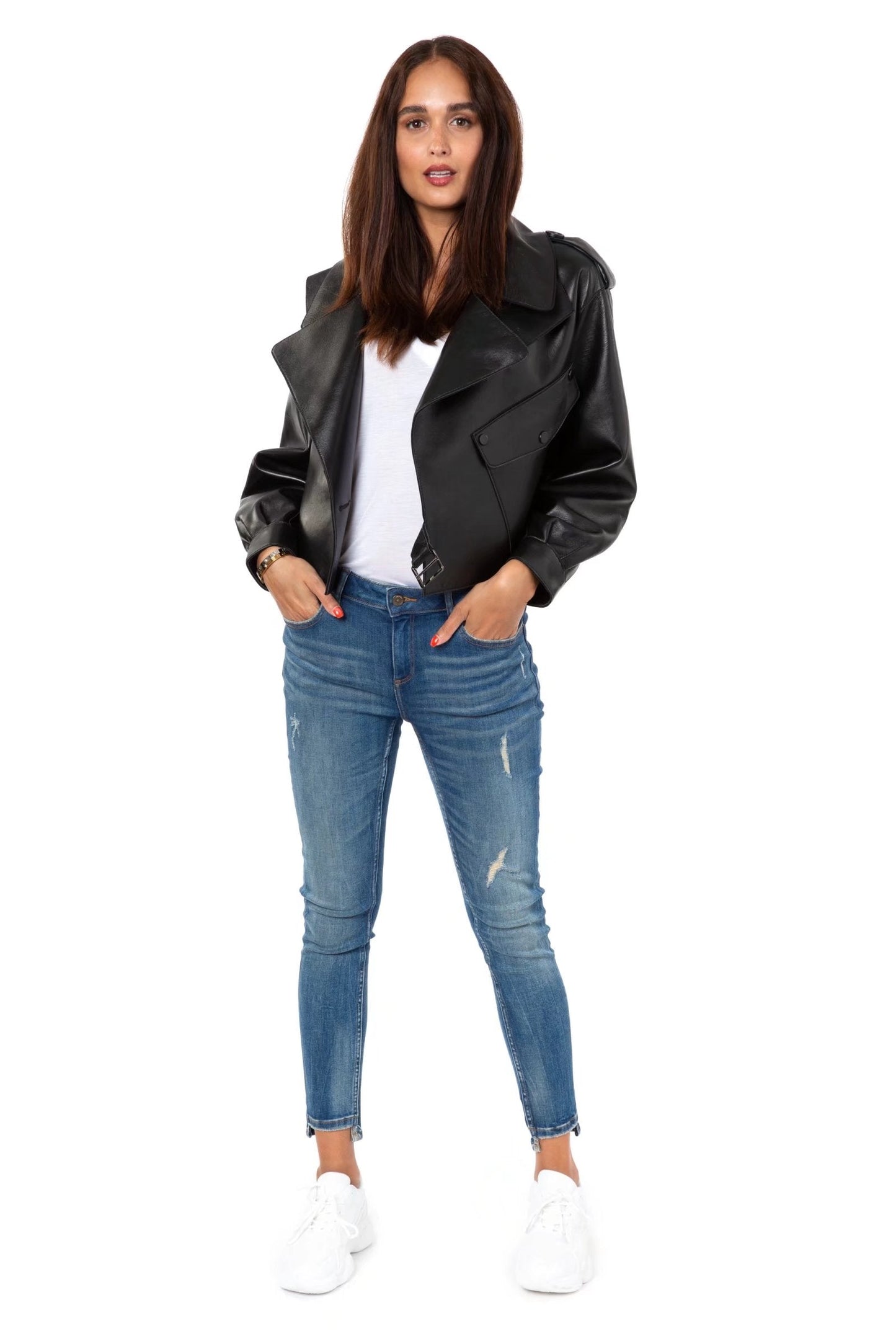 xakxx Short Loose Pu Leather Jacket Autumn Winter Soft Faux Leather Jacket Street Casual Outwear Ladies Biker Jacket