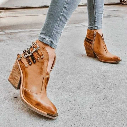 xakxx  Women Vintage Rivet Ankle Boots Pu Leather Shoes Autumn Winter Side Zipper Shoe Female Mid Heels Pointed Booties Chaussures