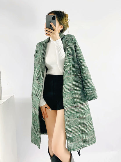 xakxx Women  Fashion Houndstooth Wool Coat Vintage Long Sleeve Autumn Long Double Breasted Jacket Female Outerwear Tops