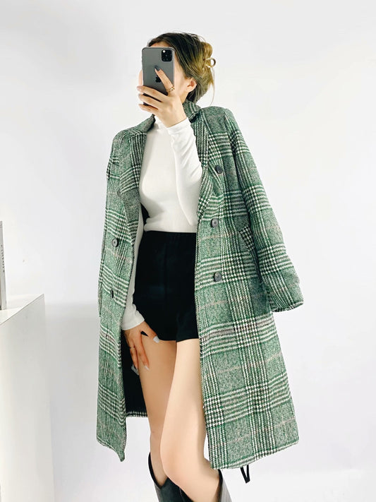 xakxx Women  Fashion Houndstooth Wool Coat Vintage Long Sleeve Autumn Long Double Breasted Jacket Female Outerwear Tops
