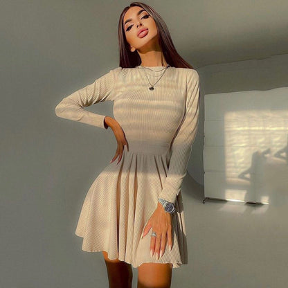 xakxx Spring Long Sleeve Solid Dress Girl A-line Pleated Skirt Prom Party Dance Clothes French Hollow Backless Dress for Women