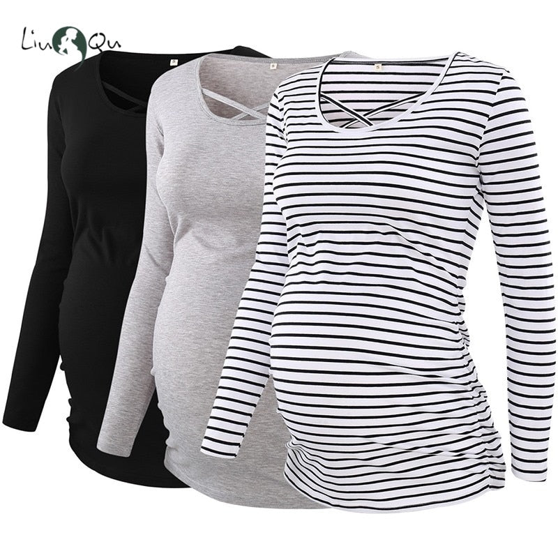xakxx xakxx 1 Pack SAVE Mama Maternity Top Maternity Clothes Side Ruched O Neck Cross Long Sleeve Pregnancy Blouses Womens C