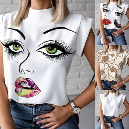 Women Lips Printed T Shirt Ladies Casual Stand Neck Tee Tops Short Sleeve Streetwear Summer Floral Plus Size Pullover T-shirts