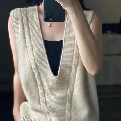 xakxx xakxx-New 100%Pure Wool Cashmere Vest Women V-Neck Thick Sleeveless Wild Sweater Autumn Large Size Waistcoat Knit Vest Pullover