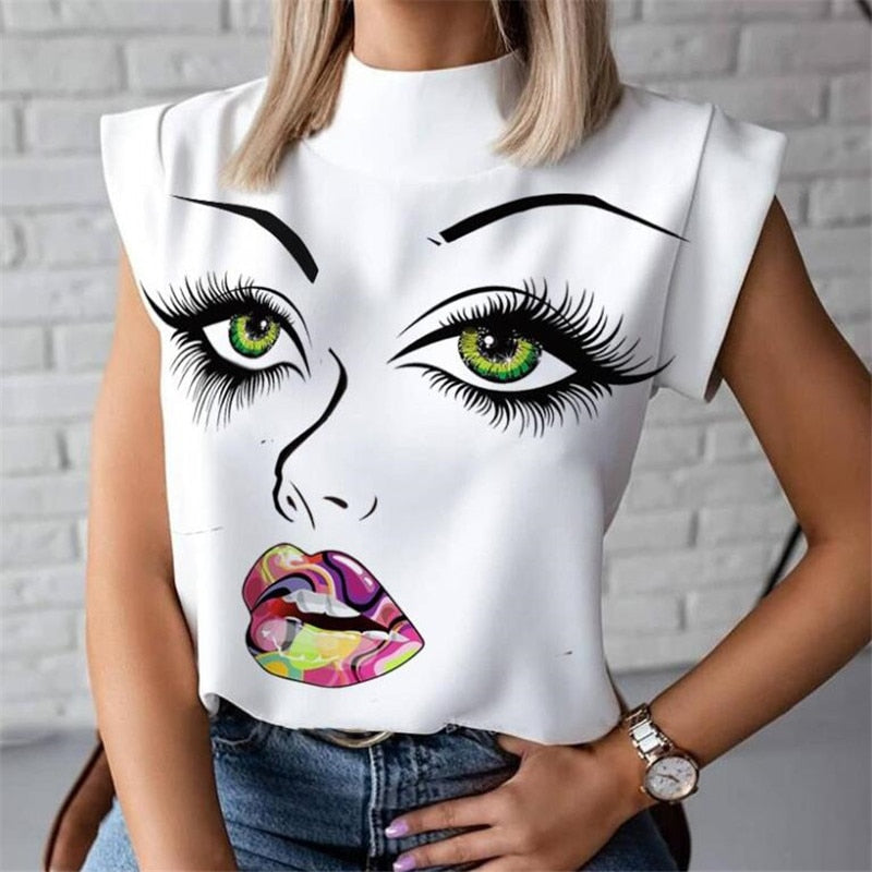 Women Lips Printed T Shirt Ladies Casual Stand Neck Tee Tops Short Sleeve Streetwear Summer Floral Plus Size Pullover T-shirts