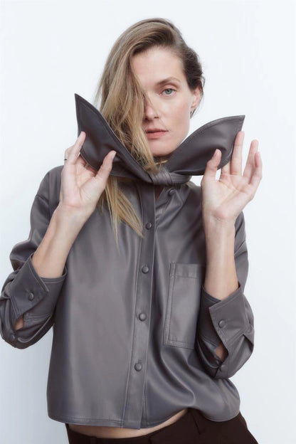 xakxx Spring Autumn New Elegant Solid Jacket Bow Tie Women Long Sleeve Jacket PU Fashion Lady Office Coat Tops
