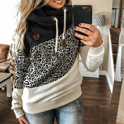 xakxx Winter Leopard Print Sweatshirts Women Casual Turtleneck Long Sleeve Hoodies Fashion Drawstring Patchwork Female Pullovers Tops