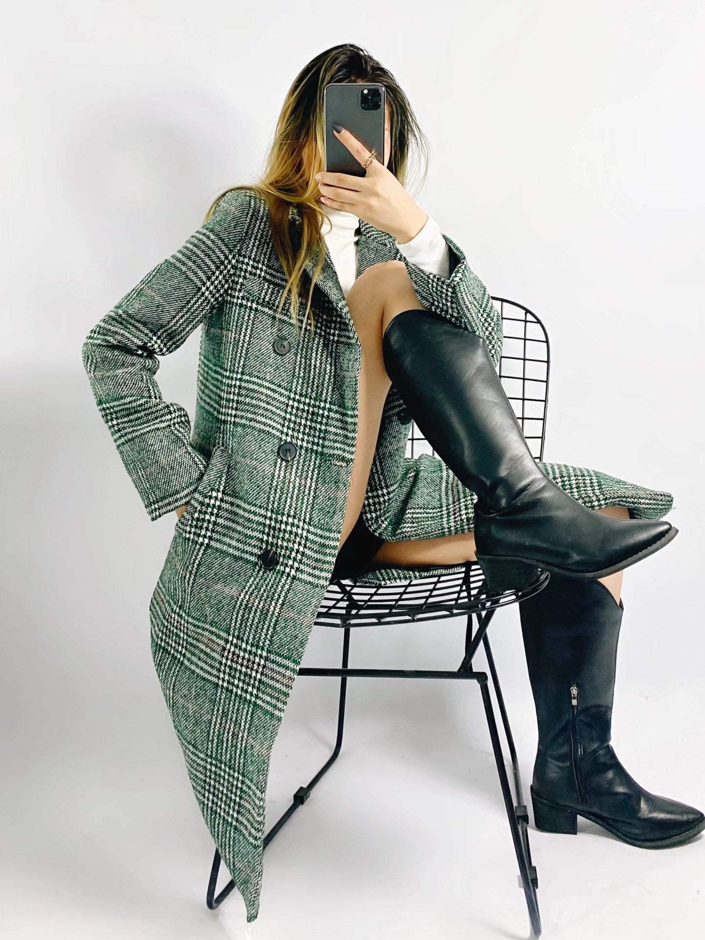xakxx Women  Fashion Houndstooth Wool Coat Vintage Long Sleeve Autumn Long Double Breasted Jacket Female Outerwear Tops