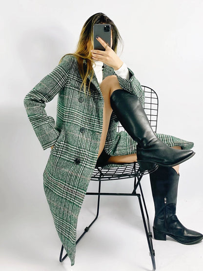 xakxx Women  Fashion Houndstooth Wool Coat Vintage Long Sleeve Autumn Long Double Breasted Jacket Female Outerwear Tops