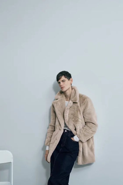 xakxx Women Faux Fur Long Coat Autumn Winter Plush Warm Soft Outerwear Elegant Slim-Fit Lapel Overcoat Casual Button Jacket