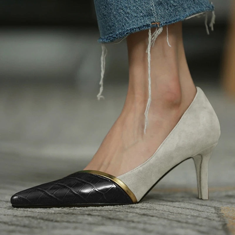 xakxx Autumn Women High Heels Pointed Toe Ladies Pumps Shoes Patchwork PU Leather Elegant Stiletto Women's Shoes