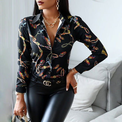 xakxx Women Fashion Shirt Lady Long Sleeve Blouse Turn-Down Collarbutton Design Print  Casual Shirts