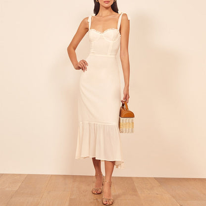 xakxx Dresses For Women Party Elegant Ruffle Hem Beach Summer Dress Sweetheart Neck Tie Strap Tropical Print Chiffon Midi Dress