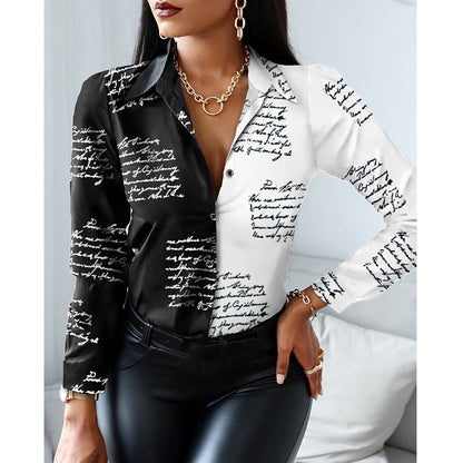 xakxx Women Fashion Shirt Lady Long Sleeve Blouse Turn-Down Collarbutton Design Print  Casual Shirts
