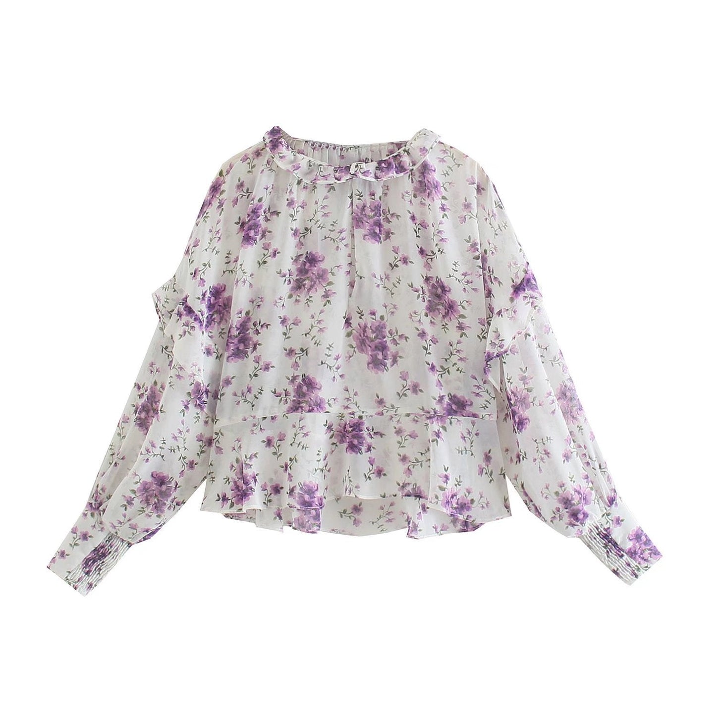 xakxx xakxx Women Sweet Floral Blouse Korean Sweet Puff Sleeve O Neck Loose Tops  Summer Bohemian Print Casual Chiffon Blouses