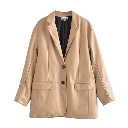 xakxx Long PU Faux Leather Blazers Women Leather Jacket Coat Brand New Women's Jackets Outerwear Ladies Coats Female Leather Suit