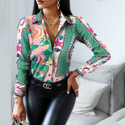 xakxx Women Fashion Shirt Lady Long Sleeve Blouse Turn-Down Collarbutton Design Print  Casual Shirts