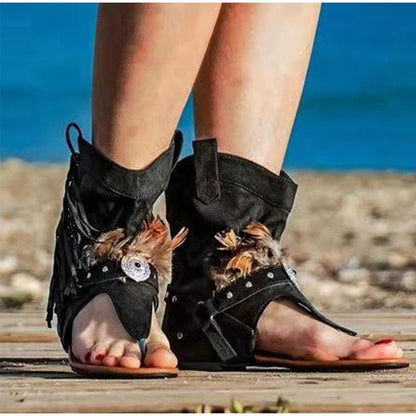 xakxx Women Retro Clip Toe Sandals Ladies Gladiator Vintage Boots Casual Tassel Rome Summer Beach Woman Shoes Female New