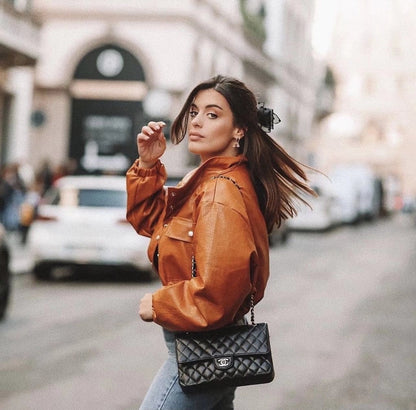 xakxx Autumn Spring Solid Casual Jacket Women Female Chic Long Sleeve PU Leather Jacket With Quilted Lining Cropped Coat Outwear