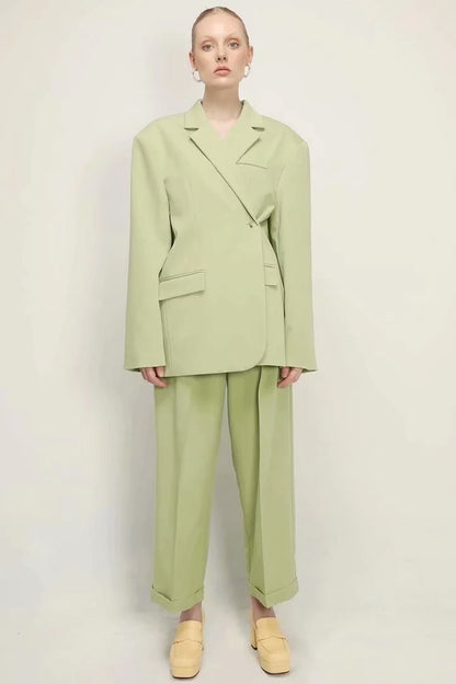 xakxx Women's Autumn Fashion Grass Green Blazer Ladies Chic Buttoned Top Retro Long Sleeve Lapel Casual Jacket