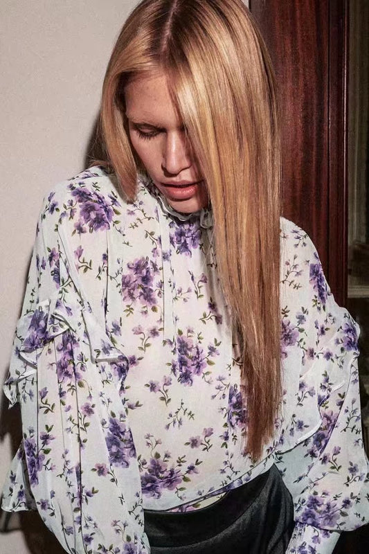 xakxx xakxx Women Sweet Floral Blouse Korean Sweet Puff Sleeve O Neck Loose Tops  Summer Bohemian Print Casual Chiffon Blouses