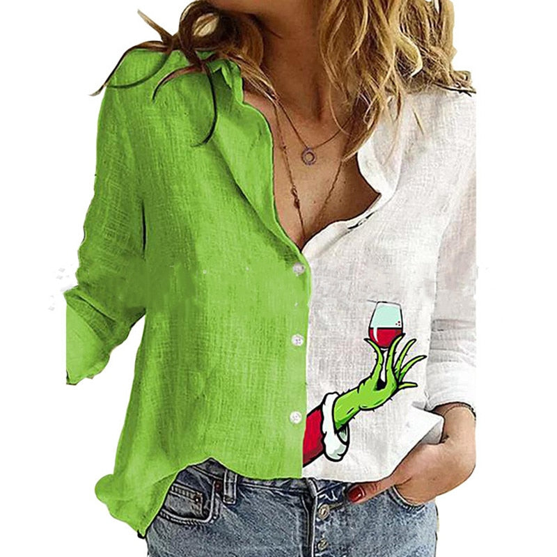 xakxx Fashion Green Stitching Wine Glass Print Shirt Autumn Women's Lapel Long Sleeve Office Blouse Elegant Ladies Plus Size Tops 3XL