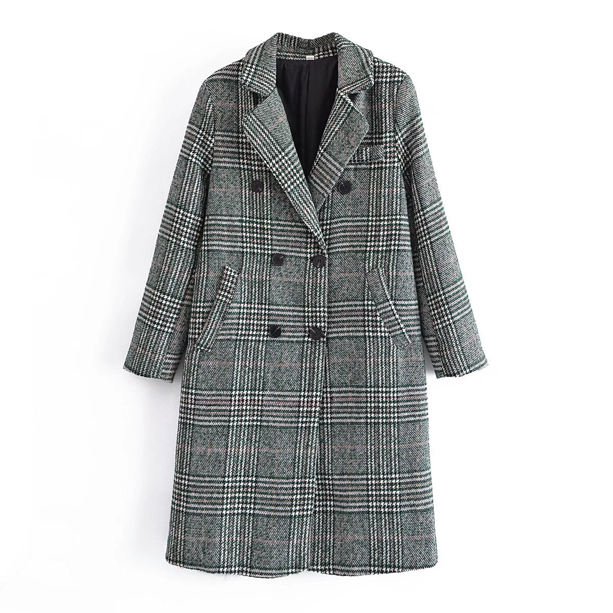 xakxx Women  Fashion Houndstooth Wool Coat Vintage Long Sleeve Autumn Long Double Breasted Jacket Female Outerwear Tops