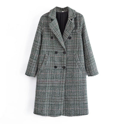 xakxx Women  Fashion Houndstooth Wool Coat Vintage Long Sleeve Autumn Long Double Breasted Jacket Female Outerwear Tops