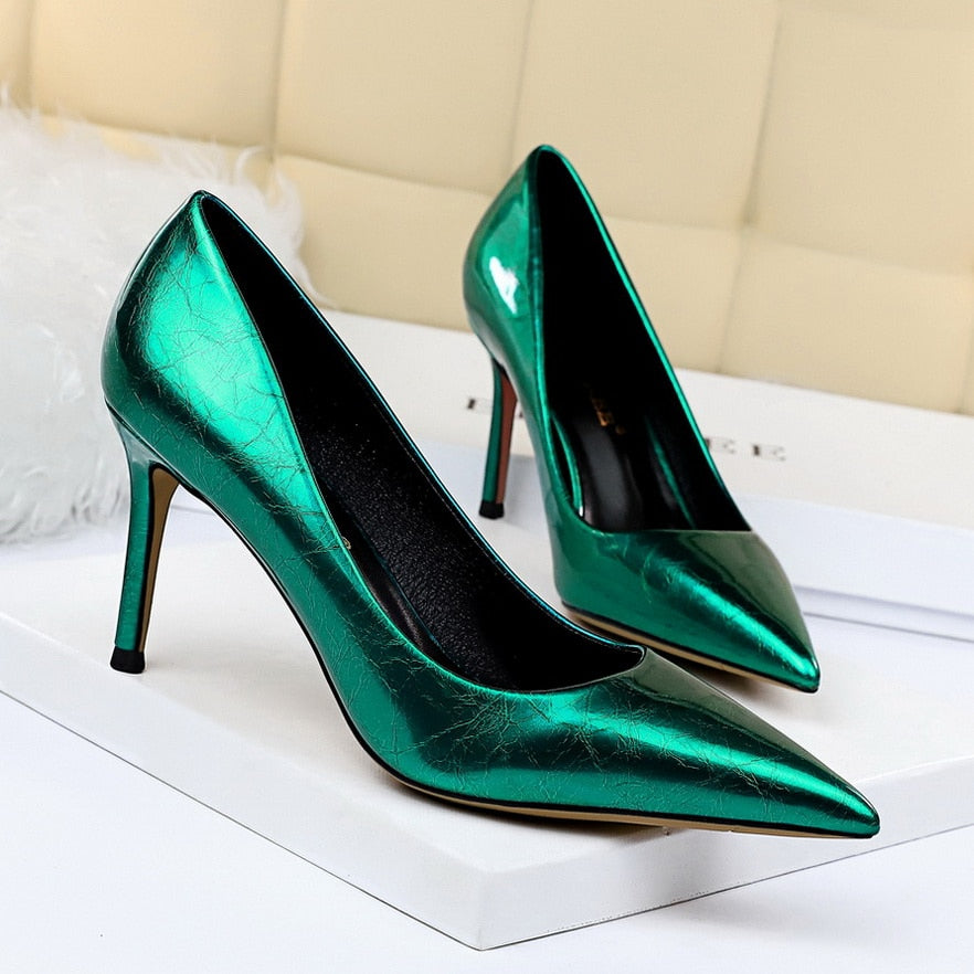 xakxx  Women 8Cm High Heels Pumps Plus Size 43 Pointed Toe Luxury Valentine Lady Shoes Low Heel Scarpins Yellow Green Blue Pumps