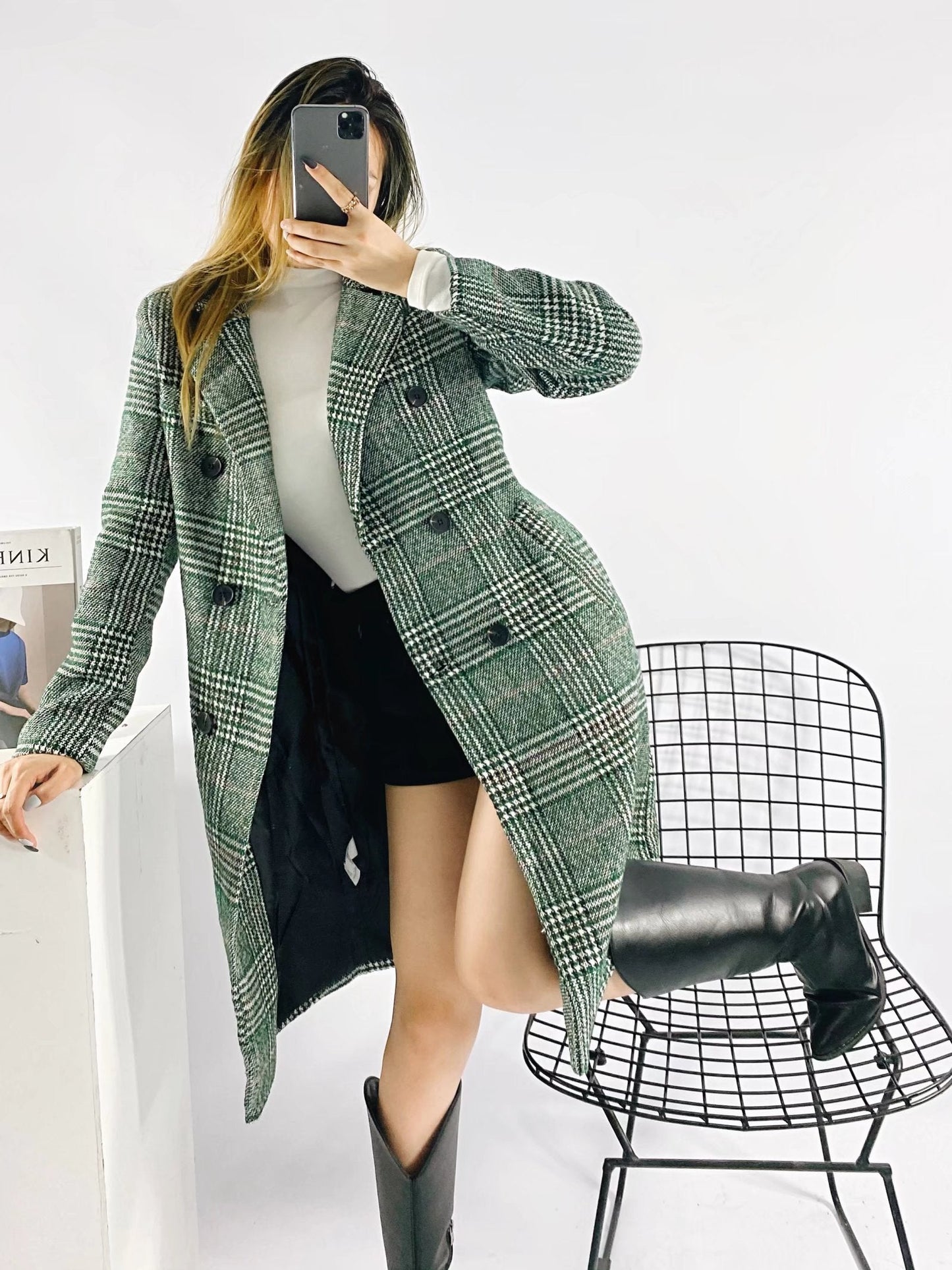xakxx Women  Fashion Houndstooth Wool Coat Vintage Long Sleeve Autumn Long Double Breasted Jacket Female Outerwear Tops