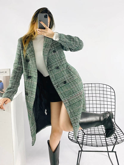 xakxx Women  Fashion Houndstooth Wool Coat Vintage Long Sleeve Autumn Long Double Breasted Jacket Female Outerwear Tops