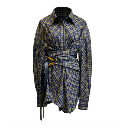 xakxx Women shirt blouse Vintage plaid shirts long women shirt Bandage Long Sleeve designer shirt women casual top plus size